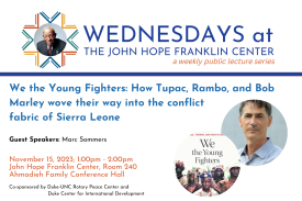 Flyer with event inforamtion and book cover with native Sierra Leone men and head shot of author in blue shirt